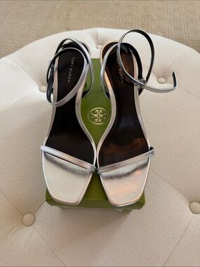 Tory Burch Metallic Silver Ankle-Strap Heels.  New in box no defects size 9.